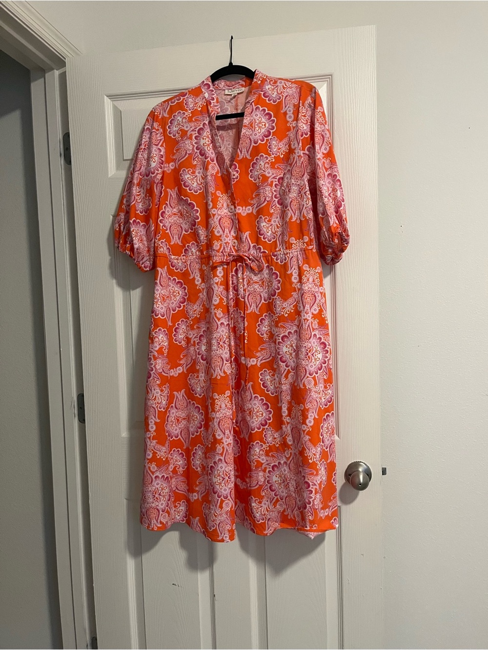 52Seven Vibrant Orange Paisley Midi Dress with Pink/Purple Accents